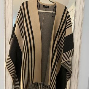Khaki and grey fringed poncho